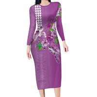 Hawaii Aloha Turtle Hibiscus and Leaves Long Sleeve Bodycon Dress with Polynesian and Kakau Tattoos Lilac Color LT03 Long Dress Purple - Polynesian Pride