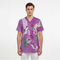 Hawaii Aloha Turtle Hibiscus and Leaves Scrub Top with Polynesian and Kakau Tattoos Lilac Color - Polynesian Pride