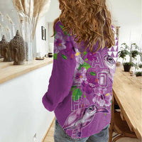 Hawaii Aloha Turtle Hibiscus and Leaves Women Casual Shirt with Polynesian and Kakau Tattoos Lilac Color LT03 - Polynesian Pride