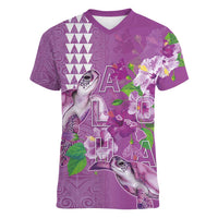 Hawaii Aloha Turtle Hibiscus and Leaves Women V-Neck T-Shirt with Polynesian and Kakau Tattoos Lilac Color LT03 Female Purple - Polynesian Pride