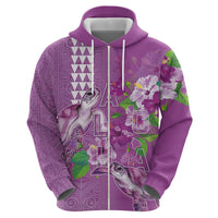 Hawaii Aloha Turtle Hibiscus and Leaves Zip Hoodie with Polynesian and Kakau Tattoos Lilac Color - Polynesian Pride