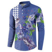 Hawaii Aloha Turtle Hibiscus and Leaves Button Sweatshirt with Polynesian and Kakau Tattoos Denim Color - Polynesian Pride