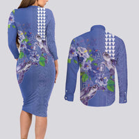 Hawaii Aloha Turtle Hibiscus and Leaves Couples Matching Long Sleeve Bodycon Dress and Long Sleeve Button Shirt with Polynesian and Kakau Tattoos Denim Color LT03 - Polynesian Pride