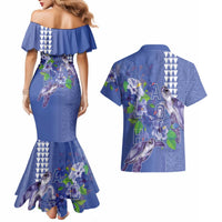 Hawaii Aloha Turtle Hibiscus and Leaves Couples Matching Mermaid Dress and Hawaiian Shirt with Polynesian and Kakau Tattoos Denim Color LT03 - Polynesian Pride