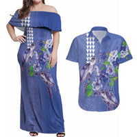 Hawaii Aloha Turtle Hibiscus and Leaves Couples Matching Off Shoulder Maxi Dress and Hawaiian Shirt with Polynesian and Kakau Tattoos Denim Color LT03 Blue - Polynesian Pride