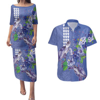 Hawaii Aloha Turtle Hibiscus and Leaves Couples Matching Puletasi and Hawaiian Shirt with Polynesian and Kakau Tattoos Denim Color LT03 Blue - Polynesian Pride