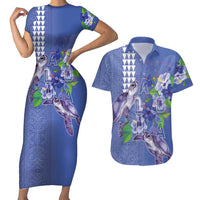 Hawaii Aloha Turtle Hibiscus and Leaves Couples Matching Short Sleeve Bodycon Dress and Hawaiian Shirt with Polynesian and Kakau Tattoos Denim Color LT03 Blue - Polynesian Pride