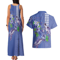 Hawaii Aloha Turtle Hibiscus and Leaves Couples Matching Tank Maxi Dress and Hawaiian Shirt with Polynesian and Kakau Tattoos Denim Color LT03 - Polynesian Pride