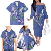 Hawaii Aloha Turtle Hibiscus and Leaves Family Matching Off The Shoulder Long Sleeve Dress and Hawaiian Shirt with Polynesian and Kakau Tattoos Denim Color LT03 - Polynesian Pride