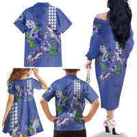 Hawaii Aloha Turtle Hibiscus and Leaves Family Matching Off The Shoulder Long Sleeve Dress and Hawaiian Shirt with Polynesian and Kakau Tattoos Denim Color LT03 - Polynesian Pride