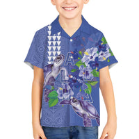 Hawaii Aloha Turtle Hibiscus and Leaves Family Matching Off The Shoulder Long Sleeve Dress and Hawaiian Shirt with Polynesian and Kakau Tattoos Denim Color LT03 Son's Shirt Blue - Polynesian Pride