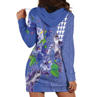 Hawaii Aloha Turtle Hibiscus and Leaves Hoodie Dress with Polynesian and Kakau Tattoos Denim Color LT03 - Polynesian Pride
