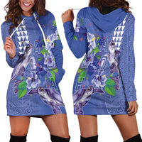 Hawaii Aloha Turtle Hibiscus and Leaves Hoodie Dress with Polynesian and Kakau Tattoos Denim Color LT03 - Polynesian Pride