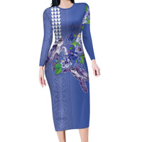 Hawaii Aloha Turtle Hibiscus and Leaves Long Sleeve Bodycon Dress with Polynesian and Kakau Tattoos Denim Color LT03 Long Dress Blue - Polynesian Pride
