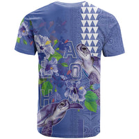Hawaii Aloha Turtle Hibiscus and Leaves T Shirt with Polynesian and Kakau Tattoos Denim Color - Polynesian Pride