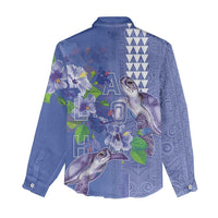 Hawaii Aloha Turtle Hibiscus and Leaves Women Casual Shirt with Polynesian and Kakau Tattoos Denim Color LT03 - Polynesian Pride