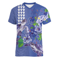 Hawaii Aloha Turtle Hibiscus and Leaves Women V-Neck T-Shirt with Polynesian and Kakau Tattoos Denim Color LT03 Female Blue - Polynesian Pride