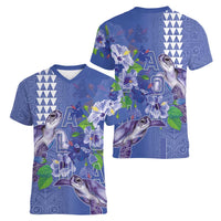 Hawaii Aloha Turtle Hibiscus and Leaves Women V-Neck T-Shirt with Polynesian and Kakau Tattoos Denim Color LT03 - Polynesian Pride