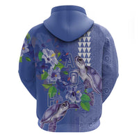 Hawaii Aloha Turtle Hibiscus and Leaves Zip Hoodie with Polynesian and Kakau Tattoos Denim Color - Polynesian Pride