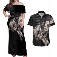 Hawaii Aloha Turtle Hibiscus and Leaves Couples Matching Off Shoulder Maxi Dress and Hawaiian Shirt with Polynesian and Kakau Tattoos Black Color LT03 Black - Polynesian Pride