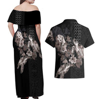 Hawaii Aloha Turtle Hibiscus and Leaves Couples Matching Off Shoulder Maxi Dress and Hawaiian Shirt with Polynesian and Kakau Tattoos Black Color LT03 - Polynesian Pride