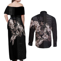 Hawaii Aloha Turtle Hibiscus and Leaves Couples Matching Off Shoulder Maxi Dress and Long Sleeve Button Shirt with Polynesian and Kakau Tattoos Black Color LT03 - Polynesian Pride
