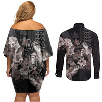 Hawaii Aloha Turtle Hibiscus and Leaves Couples Matching Off Shoulder Short Dress and Long Sleeve Button Shirt with Polynesian and Kakau Tattoos Black Color LT03 - Polynesian Pride