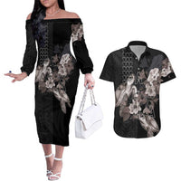 Hawaii Aloha Turtle Hibiscus and Leaves Couples Matching Off The Shoulder Long Sleeve Dress and Hawaiian Shirt with Polynesian and Kakau Tattoos Black Color LT03 Black - Polynesian Pride