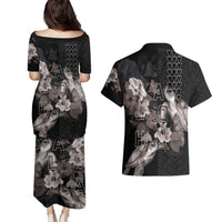 Hawaii Aloha Turtle Hibiscus and Leaves Couples Matching Puletasi and Hawaiian Shirt with Polynesian and Kakau Tattoos Black Color - Polynesian Pride