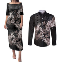 Hawaii Aloha Turtle Hibiscus and Leaves Couples Matching Puletasi and Long Sleeve Button Shirt with Polynesian and Kakau Tattoos Black Color - Polynesian Pride