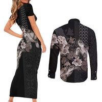 Hawaii Aloha Turtle Hibiscus and Leaves Couples Matching Short Sleeve Bodycon Dress and Long Sleeve Button Shirt with Polynesian and Kakau Tattoos Black Color LT03 - Polynesian Pride