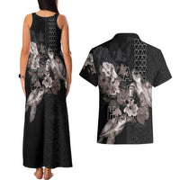 Hawaii Aloha Turtle Hibiscus and Leaves Couples Matching Tank Maxi Dress and Hawaiian Shirt with Polynesian and Kakau Tattoos Black Color LT03 - Polynesian Pride