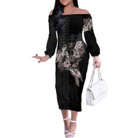 Hawaii Aloha Turtle Hibiscus and Leaves Family Matching Off The Shoulder Long Sleeve Dress and Hawaiian Shirt with Polynesian and Kakau Tattoos Black Color LT03 Mom's Dress Black - Polynesian Pride