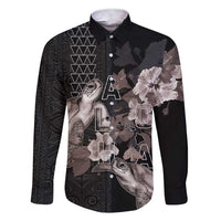 Hawaii Aloha Turtle Hibiscus and Leaves Family Matching Short Sleeve Bodycon Dress and Hawaiian Shirt with Polynesian and Kakau Tattoos Black Color LT03 Dad's Shirt - Long Sleeve Black - Polynesian Pride