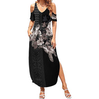 Hawaii Aloha Turtle Hibiscus and Leaves Family Matching Summer Maxi Dress and Hawaiian Shirt with Polynesian and Kakau Tattoos Black Color LT03 Mom's Dress Black - Polynesian Pride