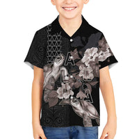 Hawaii Aloha Turtle Hibiscus and Leaves Family Matching Tank Maxi Dress and Hawaiian Shirt with Polynesian and Kakau Tattoos Black Color LT03 Son's Shirt Black - Polynesian Pride