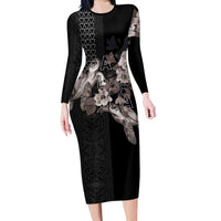 Hawaii Aloha Turtle Hibiscus and Leaves Long Sleeve Bodycon Dress with Polynesian and Kakau Tattoos Black Color LT03 Long Dress Black - Polynesian Pride
