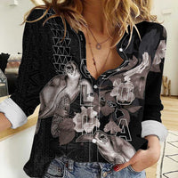 Hawaii Aloha Turtle Hibiscus and Leaves Women Casual Shirt with Polynesian and Kakau Tattoos Black Color LT03 Female Black - Polynesian Pride
