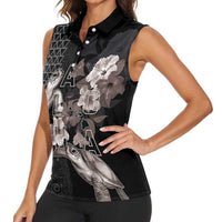Hawaii Aloha Turtle Hibiscus and Leaves Women Sleeveless Polo Shirt with Polynesian and Kakau Tattoos Black Color LT03 - Polynesian Pride