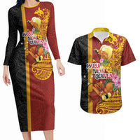 Papua New Guinea Independence Day Couples Matching Long Sleeve Bodycon Dress and Hawaiian Shirt Birds-of-Paradise Melanesian Tattoos Tropical Plants