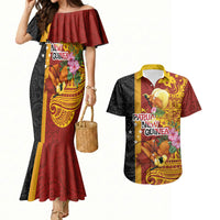 Papua New Guinea Independence Day Couples Matching Mermaid Dress and Hawaiian Shirt Birds-of-Paradise Melanesian Tattoos Tropical Plants