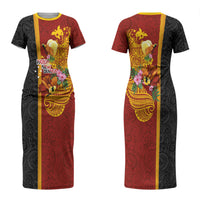 Papua New Guinea Independence Day Couples Matching Short Sleeve Bodycon Dress and Long Sleeve Button Shirt Birds-of-Paradise Melanesian Tattoos Tropical Plants