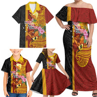 Papua New Guinea Independence Day Family Matching Off Shoulder Maxi Dress and Hawaiian Shirt Birds-of-Paradise Melanesian Tattoos Tropical Plants
