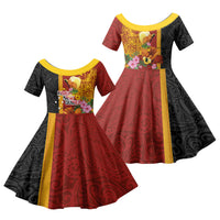Papua New Guinea Independence Day Family Matching Off Shoulder Maxi Dress and Hawaiian Shirt Birds-of-Paradise Melanesian Tattoos Tropical Plants