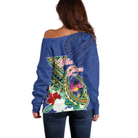 Guam Chamorro Off Shoulder Sweater Tribal Latte Stone and Seal Artwork Polynesian Patterns