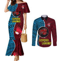 Custom Bintangor Goroka Lahanis Rugby Couples Matching Mermaid Dress and Long Sleeve Button Shirts Papua New Guinea Polynesian Tattoo LT03 Red - Polynesian Pride