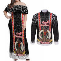 Vanuatu Christmas Couples Matching Off Shoulder Maxi Dress and Long Sleeve Button Shirts Polynesian Tribal Snow Style LT03 Black - Polynesian Pride