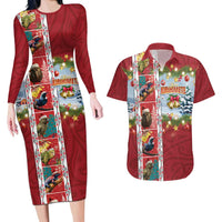 New Zealand Merry Christmas Couples Matching Long Sleeve Bodycon Dress and Hawaiian Shirt Maori Animals, Koru Tattoo - Red Xmas Style LT03 Red - Polynesian Pride
