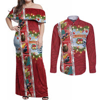 New Zealand Merry Christmas Couples Matching Off Shoulder Maxi Dress and Long Sleeve Button Shirt Maori Animals, Koru Tattoo - Red Xmas Style LT03 Red - Polynesian Pride