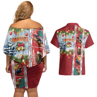 New Zealand Merry Christmas Couples Matching Off Shoulder Short Dress and Hawaiian Shirt Maori Animals, Koru Tattoo - Red Xmas Style LT03 - Polynesian Pride